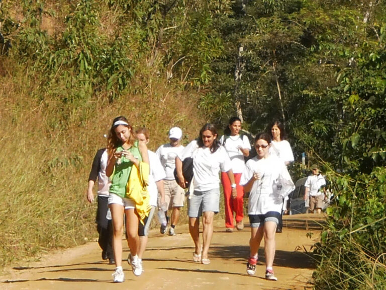 Turma caminhando em estrada vicinal em plena Mata Atlântica
