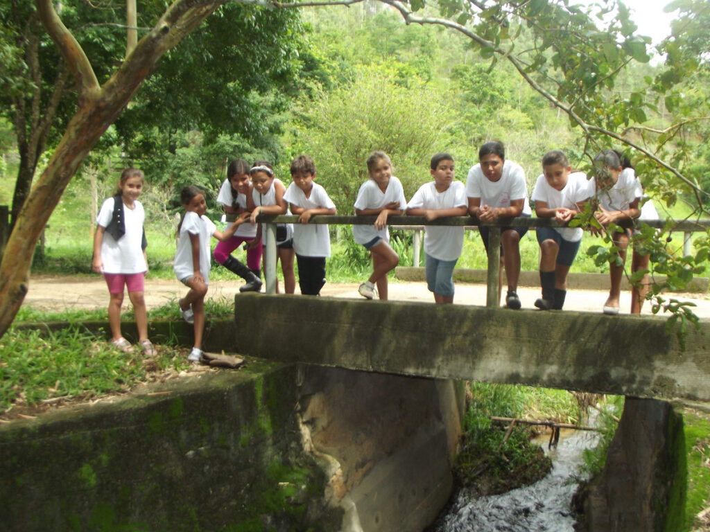 Crianças na ponte observando a natureza na fazenda dos cordeiros